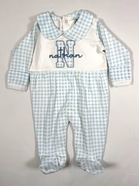 LITTLE BLANKS Boys Footed Sleeper NB “Nathan” Monogram Gingham Preppy Southern